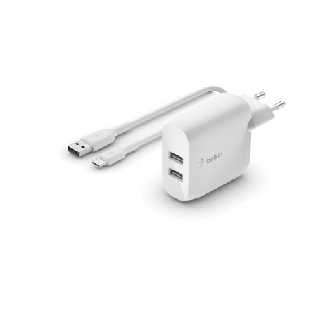 CARICABATTERIE 2 PORTE USB-A + CAVO USB-A A USB-C 1M - BIANCO