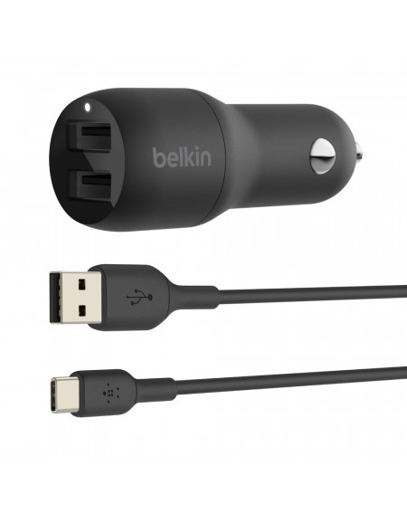 CARICABATTERIE AUTO DUE PORTE USB-A + CAVO USB-A A USB-C 1M - NERO