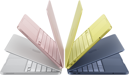 Portatili MacBook Neo nei colori argento, rosa pastello, giallo agrume e indaco, leggermente aperti e disposti a semicerchio
