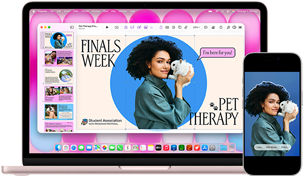 MacBook Neo rosa pastello accanto a un iPhone; la schermata di MacBook Neo mostra una presentazione sulla pet therapy con la foto di una persona che tiene in braccio un coniglio; la schermata dell’iPhone mostra la stessa foto trasformata in un adesivo da usare nella presentazione