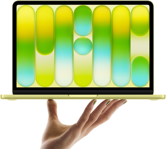 MacBook Neo giallo agrume in equilibrio sulla punta delle dita di una mano aperta, lo schermo mostra un motivo astratto colorato