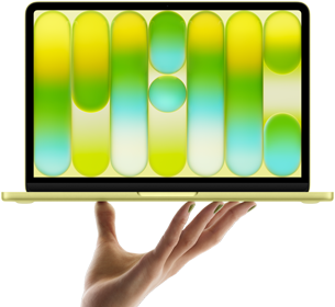 MacBook Neo giallo agrume in equilibrio sulla punta delle dita di una mano aperta, lo schermo mostra un motivo astratto colorato