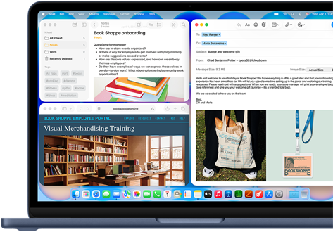 MacBook Neo indaco, sullo schermo un’email di benvenuto per una persona che ha appena iniziato a lavorare in una libreria; le altre finestre disposte a mosaico contengono un documento di Note sull’onboarding e il portale web per il personale della libreria aperto su Safari