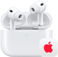 Un paio di AirPods Pro 3, auricolari wireless sinistro e destro, nella custodia di ricarica MagSafe, logo Apple