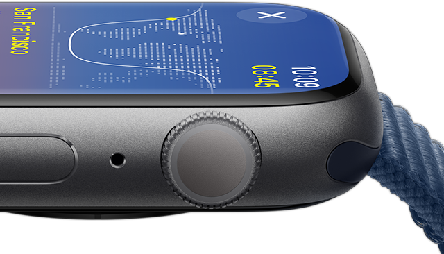 Vista laterale di un Apple Watch che mette in evidenza la luminosità del display.