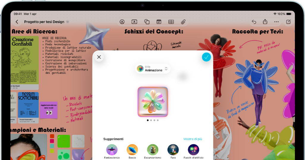iPad Air in orizzontale mostrato di fronte, tasto per alzare il volume, tasto per abbassare il volume, tasto di accensione, lo schermo mostra un’interfaccia colorata di un’app con varie icone