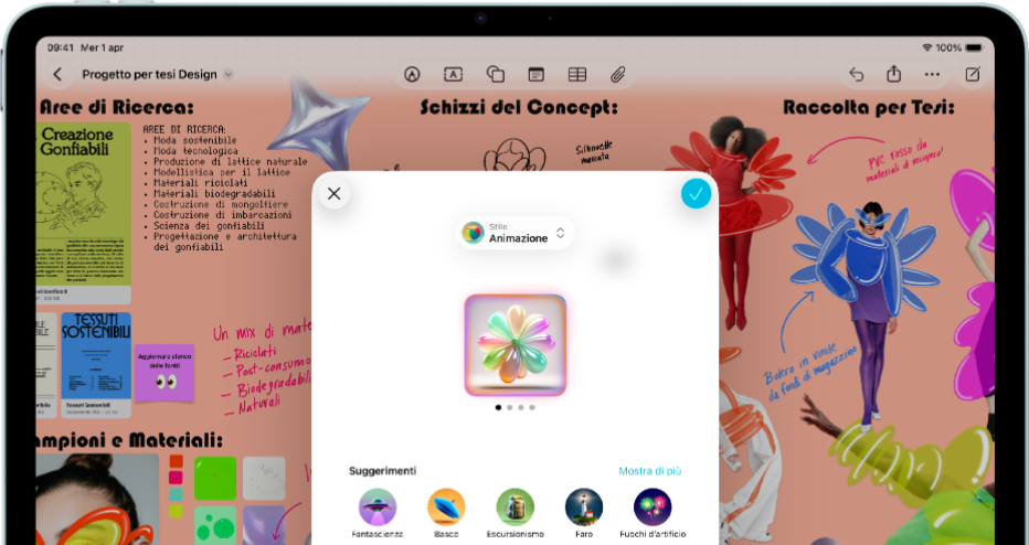 iPad Air in orizzontale mostrato di fronte, tasto per alzare il volume, tasto per abbassare il volume, tasto di accensione, lo schermo mostra un’interfaccia app colorata con varie icone