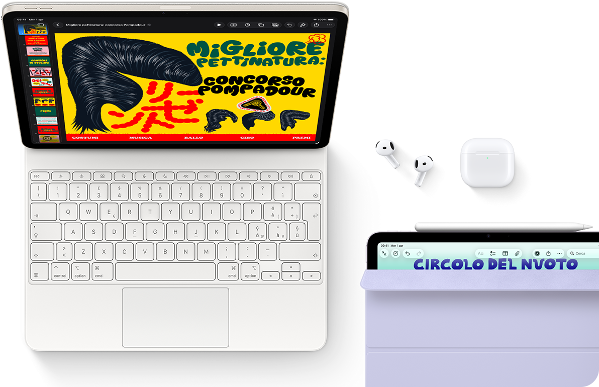 iPad Air color galassia agganciato a una Magic Keyboard, sullo schermo si notano immagini colorate, di lato sono appoggiati gli accessori AirPods Pro e Apple Pencil Pro