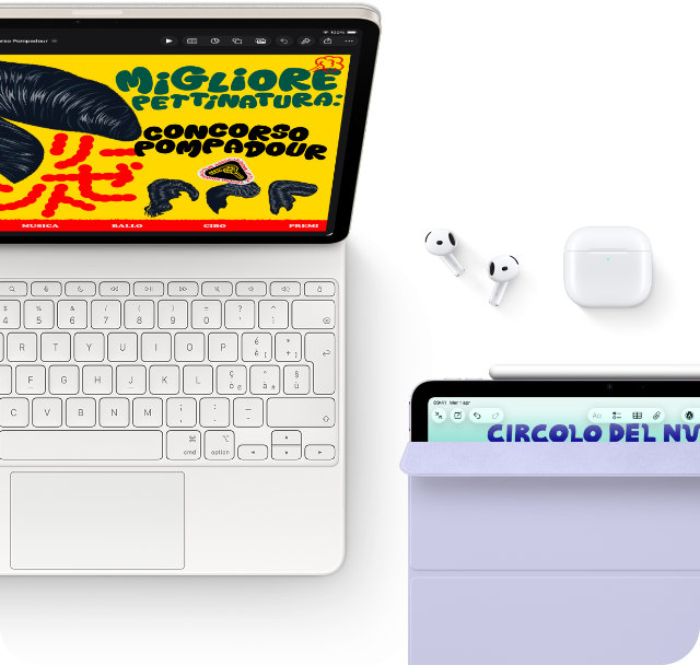 iPad Air color galassia agganciato a una Magic Keyboard, sullo schermo si notano immagini colorate, di lato sono appoggiati gli accessori AirPods Pro e Apple Pencil Pro