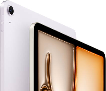 iPad Air viola mostrato di fronte e da dietro, con fotocamera posteriore da 12MP con grandangolo nell’angolo in alto a sinistra