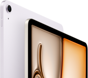 iPad Air viola mostrato di fronte e da dietro, con fotocamera posteriore da 12MP con grandangolo nell’angolo in alto a sinistra