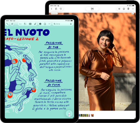 Due iPad Air nei formati da 11 pollici e 13 pollici, quello da 11 pollici mostra del testo colorato nell’app Note, quello da 13 pollici mostra la foto di una persona nell’app Foto