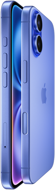 Due iPhone 16 blu oltremare visti di lato e sovrapposti in orizzontale, con i display rivolti uno verso l’altro; si notano i tasti del volume, il tasto Azione, il tasto laterale, il tasto del Controllo fotocamera, il logo Apple al centro e il sistema evoluto a doppia fotocamera rialzato