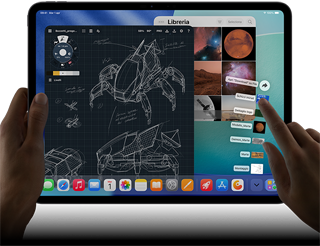 Un iPad Pro, color nero siderale, una mano sinistra regge il dispositivo, una mano destra compie un gesto per organizzare alcune finestre di app aperte, un’app di disegno con schizzi di progetti meccanici, libreria Foto con immagini spaziali e di pianeti, la cartella dei download aperta a ventaglio