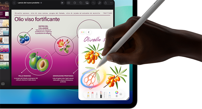 Un iPad Pro visto di fronte, il display ha uno sfondo in colori sfumati da blu scuro a verde con varie app aperte, una mano regge una Apple Pencil Pro e cerchia uno schizzo che mostra la funzione Bacchetta immagini di Apple Intelligence