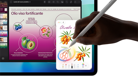 Un iPad Pro visto di fronte, il display ha uno sfondo in colori sfumati da blu scuro a verde con varie app aperte, una mano regge una Apple Pencil Pro e cerchia uno schizzo che mostra la funzione Bacchetta immagini di Apple Intelligence