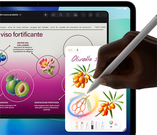 Un iPad Pro visto di fronte, il display ha uno sfondo in colori sfumati da blu scuro a verde con varie app aperte, una mano regge una Apple Pencil Pro e cerchia uno schizzo che mostra la funzione Bacchetta immagini di Apple Intelligence