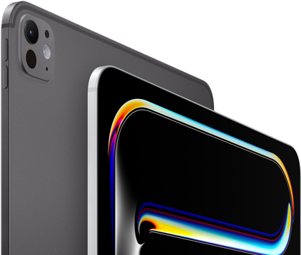 Un iPad Pro color nero siderale visto da dietro, tasti del volume e sistema di fotocamere Pro; un iPad Pro color argento visto di fronte, angoli arrotondati, cornice del display nera. Il display mostra uno sfondo nero con un motivo astratto a linee multicolori