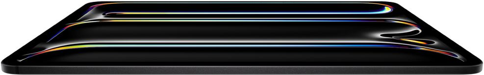 Un iPad Pro color nero siderale visto di fronte, guscio in alluminio e vetro, profilo sottile, inclinato all’indietro, con il display che mostra un motivo a linee multicolori