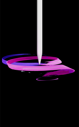 Una Apple Pencil Pro color bianco, vista di fronte, in verticale, profilo laterale, che disegna un motivo astratto di nastri viola e rosa