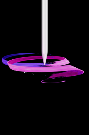 Una Apple Pencil Pro color bianco, vista di fronte, in verticale, profilo laterale, che disegna un motivo astratto di nastri viola e rosa