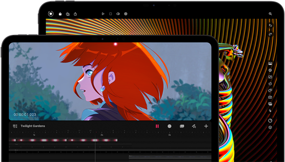 Un iPad Pro 13" e un iPad Pro 11" color nero siderale, visti di fronte, in orizzontale, angoli arrotondati, cornice del display nera. Il display dell’iPad Pro 11" mostra un’immagine vivida di un personaggio con i capelli rossi; il display dell’iPad Pro 13" mostra gli elementi colorati dell’interfaccia per il fotoritocco