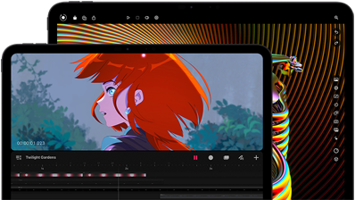Un iPad Pro 13" e un iPad Pro 11" color nero siderale, visti di fronte, in orizzontale, angoli arrotondati, cornice del display nera. Il display dell’iPad Pro 11" mostra un’immagine vivida di un personaggio con i capelli rossi; il display dell’iPad Pro 13" mostra gli elementi colorati dell’interfaccia per il fotoritocco