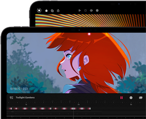 Un iPad Pro 13" e un iPad Pro 11" color nero siderale, visti di fronte, in orizzontale, angoli arrotondati, cornice del display nera. Il display dell’iPad Pro 11" mostra un’immagine vivida di un personaggio con i capelli rossi; il display dell’iPad Pro 13" mostra gli elementi colorati dell’interfaccia per il fotoritocco