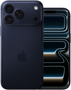 Uno accanto all’altro, un iPhone 17 Pro Max blu profondo mostrato da dietro, con sistema di fotocamere Pro, 3 obiettivi, microfono, flash, e un iPhone 17 Pro blu profondo mostrato di fronte, con design all-screen