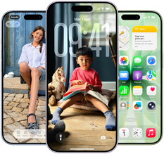 iPhone 17 mostrato di fronte, Dynamic Island in alto al centro, tre colori: azzurro nebbia, lavanda, salvia