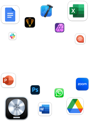 Mac Studio e tre Studio Display, tutti con app per macOS diverse sullo schermo