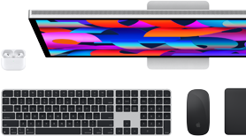 Accessori per Mac: AirPods, Studio Display, Magic Keyboard nera con Touch ID, Magic Mouse nero e Magic Trackpad nero