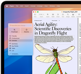 Una schermata che mostra come usare gli strumenti di scrittura di Apple Intelligence per fare una sintesi di una ricerca scientifica sul volo delle libellule