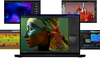 Una serie di schermate colorate provenienti da app per la produzione musicale, il montaggio video, l’animazione 3D e l’editing fotografico su Mac per mostrare le sue potenti prestazioni grafiche