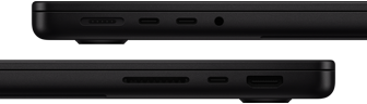 Le porte di MacBook Pro: lato sinistro, porta MagSafe 3, due porte Thunderbolt e jack cuffie; lato destro, slot SDXC card, una porta Thunderbolt e porta HDMI