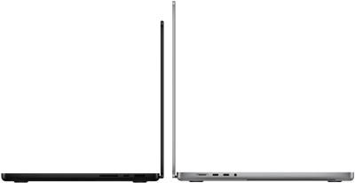 Due MacBook Pro da 14" e da 16" posizionati in modo da confrontarne le dimensioni e metterne in risalto il profilo sottile