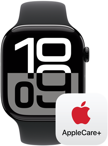 Un Apple Watch Series 10 accanto al logo di AppleCare Plus, per rappresentare la copertura di AppleCare Plus.