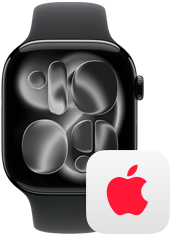 Apple Watch Series 11 cassa in alluminio Jet Black, lato destro, Digital Crown, cinturino Sport nero, logo AppleCare+ 