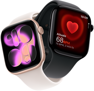 Apple Watch Series 11 cassa in alluminio color oro rosa, quadrante Responsive Art, lato destro, Digital Crown, microfono, tasto laterale, cinturino Sport rosa fard, Apple Watch Series 11, alluminio Jet Black, app Battito, battiti attuali al minuto, lato destro, Digital Crown, cinturino Sport nero