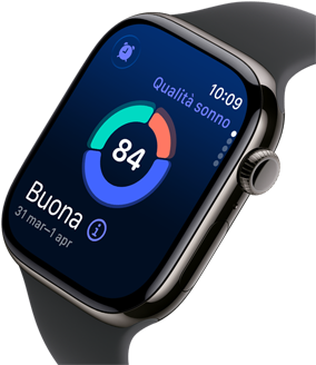 Primo piano di Apple Watch Series 11 con cassa in titanio ardesia, che mostra la qualità del sonno sul display