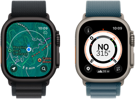 Due Apple Watch Ultra 3, uno mostra le mappe e l’altro la funzione Torna sui tuoi passi con bussola, altitudine e waypoint segnati